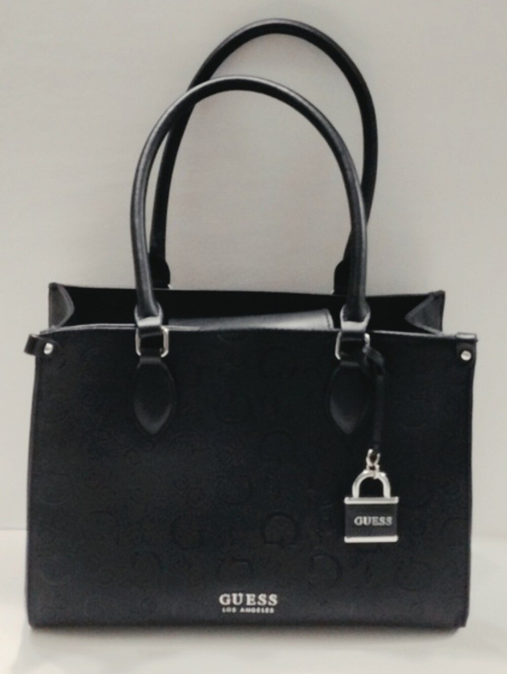 GUESS Black Leather Embossed Signature G Logo Tote with Lock Charm